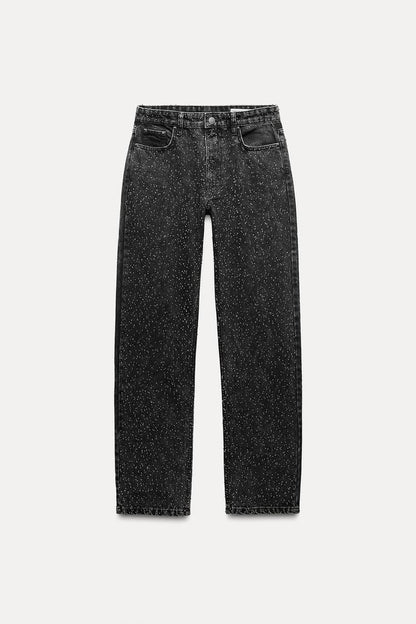 Rechte high-waist jeans, vintage look, lichtblauw, met glitterdetails en rechte pasvorm, ideale trendy damesbroek.