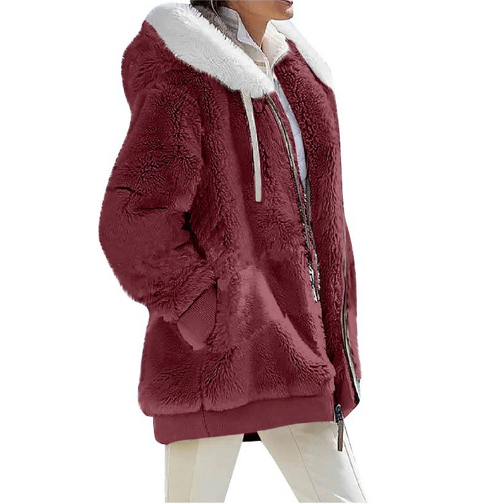 Vooraanzicht effen dames kasjmierfleece vest met capuchon, warm en comfortabel, perfecte bovenkleding.