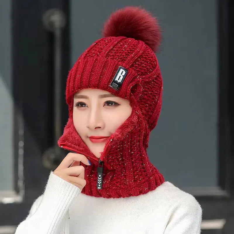 Dames gebreide bivakmuts van katoenwol met pompon, warm en stijlvol voor de winter.