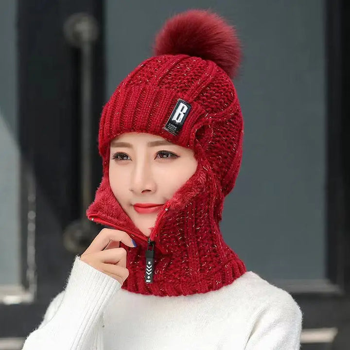 Dames gebreide bivakmuts van katoenwol met pompon, warm en stijlvol voor de winter.