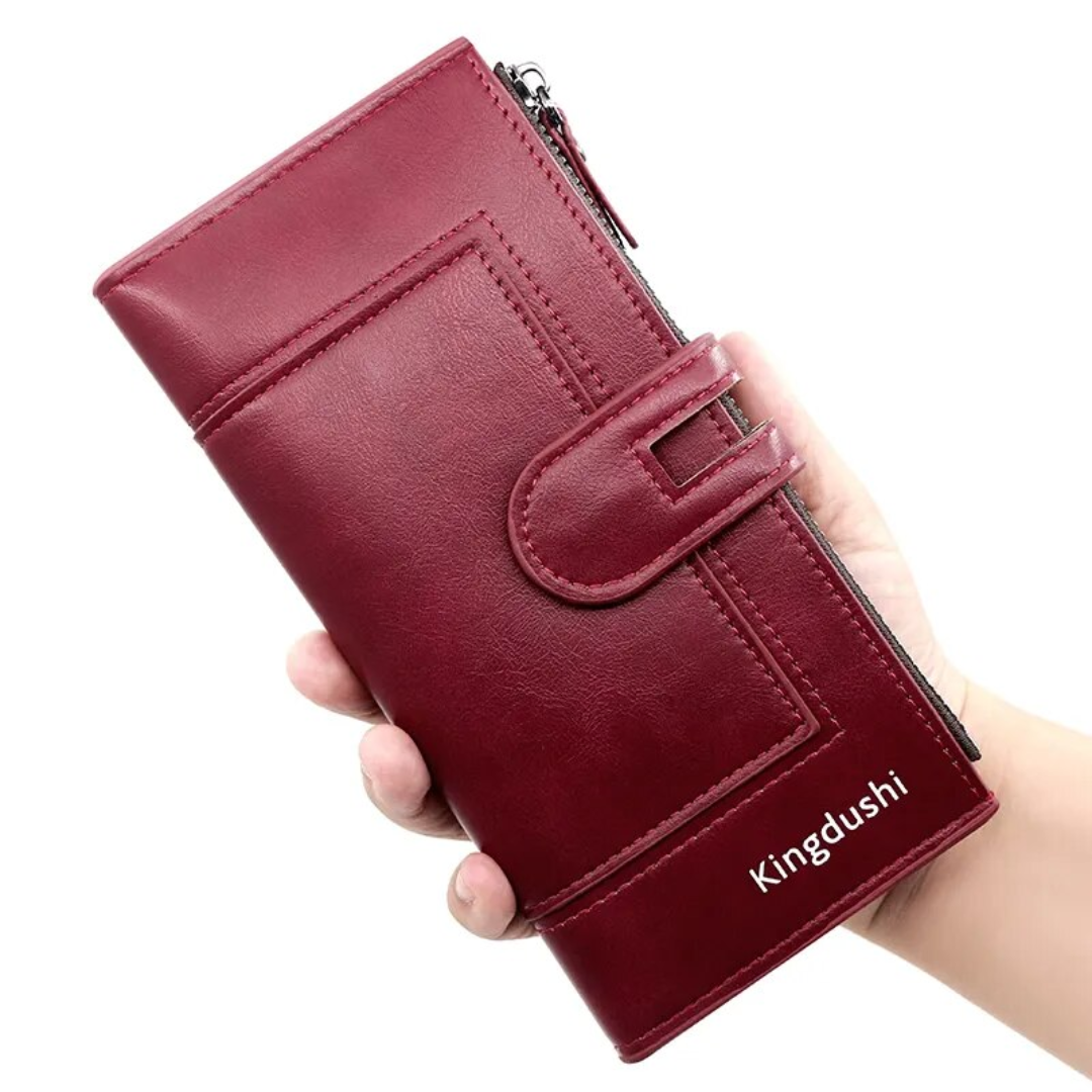 Unisex leren portemonnee, lang model met ruimte voor pasjes en biljetten, praktisch accessoire.