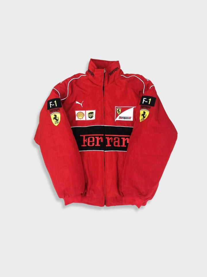 Unisex vintage racejack in rood, wit, zwart. Klassieke autosport stijl, ideaal voor lente/zomer.