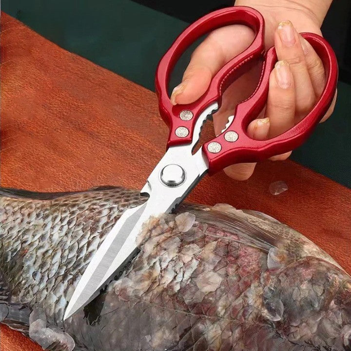 Japanse RVS keukenschaar met aluminium grip, ideaal voor diverse keukentaken en culinair gereedschap.