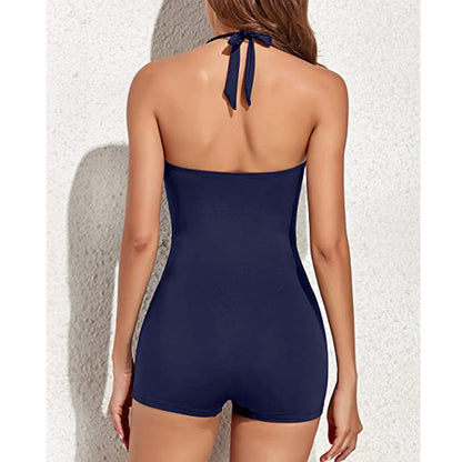 "Retro badpak met halternek, sweetheart halslijn en ingebouwde shorts, elegante vintage look, vrouwen zwemkleding."