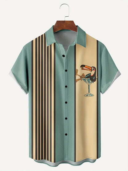 "Retro gestreept herenoverhemd met vogel-in-wijnglazen print, korte mouwen, ademend katoen, nostalgische look"