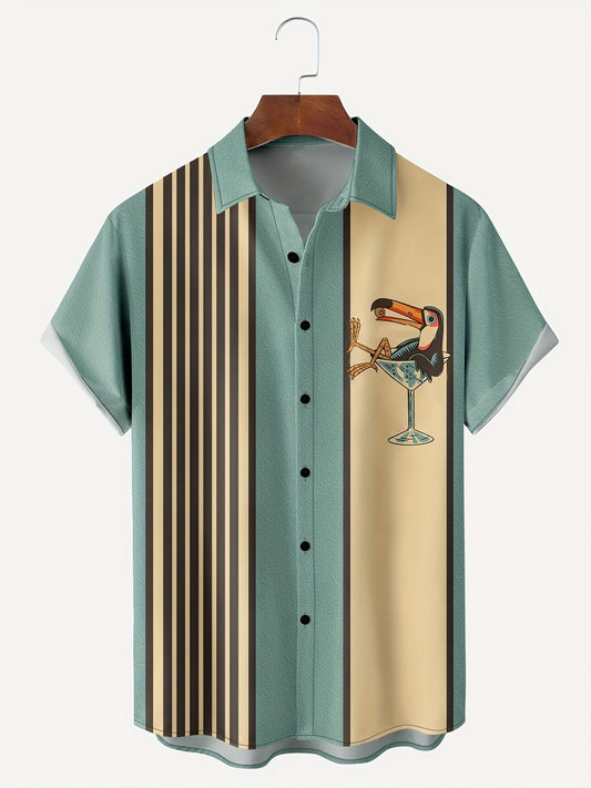 "Retro gestreept herenoverhemd met vogel-in-wijnglazen print, korte mouwen, ademend katoen, nostalgische look"