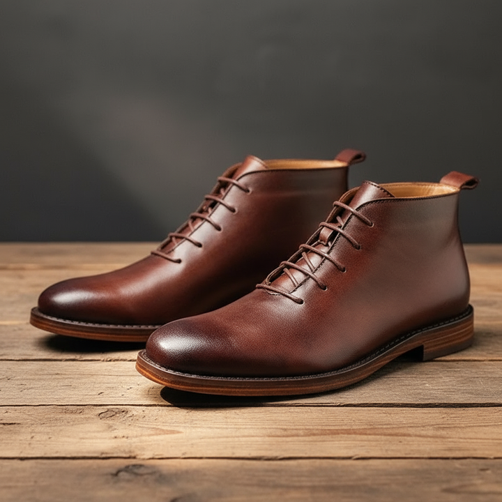 Klassieke bruine heren veterschoenen met nette afwerking, comfortabele enkellaarsjes voor een tijdloze stijl.