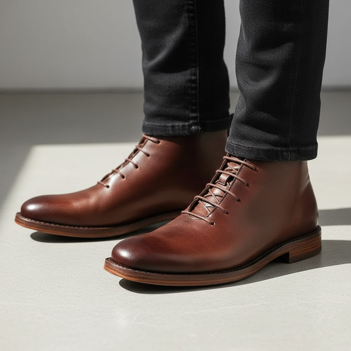 Formele bruine heren veterschoenen, elegante enkellaarsjes die perfect passen bij een zakelijke outfit.