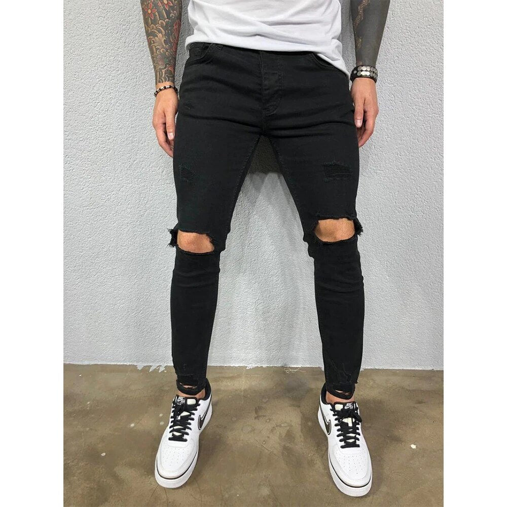 Trendy heren gescheurde skinny jeans met urban stijl, ideaal voor vrije tijd en een moderne look.