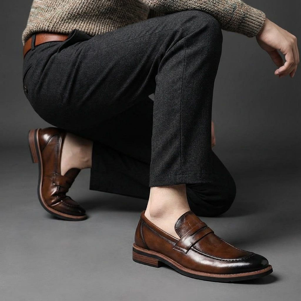 Close-up van zwarte lederen heren instappers met subtiele stiksels, ideaal voor elke garderobe.