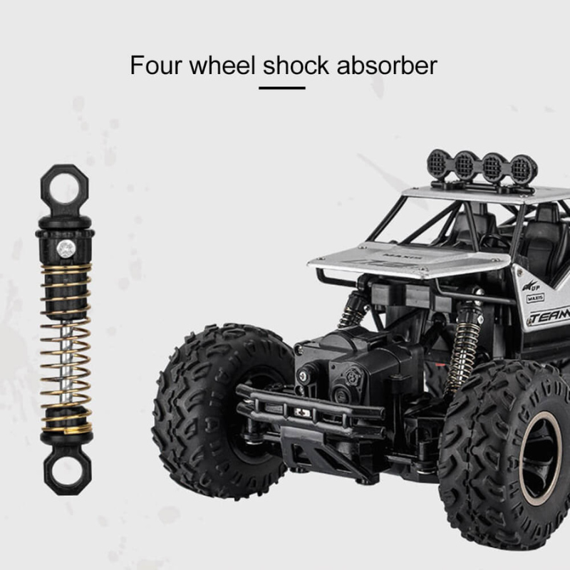 Gedetailleerde foto van robuuste 4x4 offroad RC auto; duurzaam afstandbestuurbaar speelgoed.