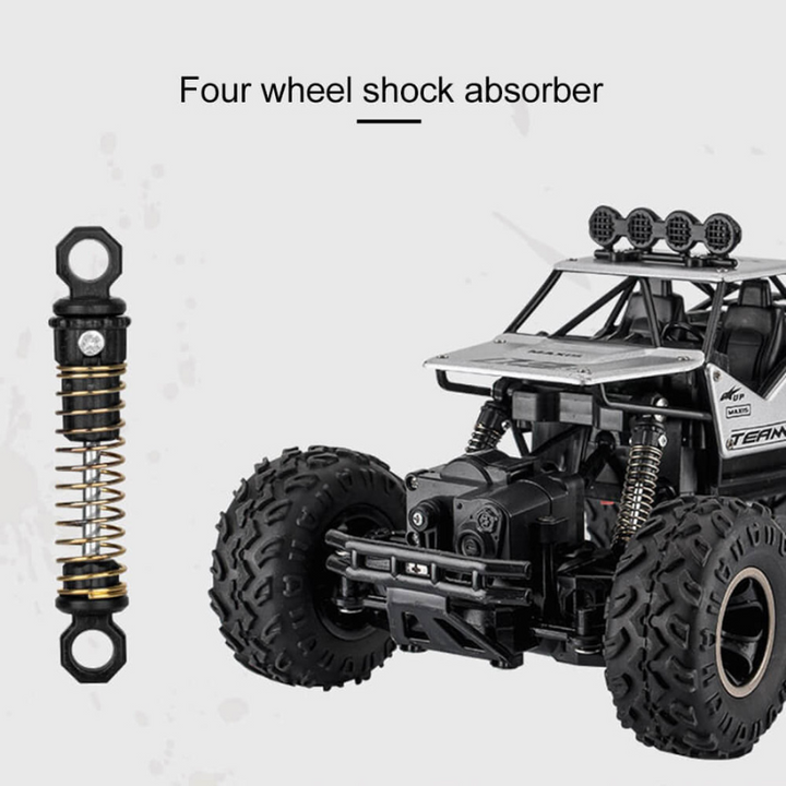 Gedetailleerde foto van robuuste 4x4 offroad RC auto; duurzaam afstandbestuurbaar speelgoed.