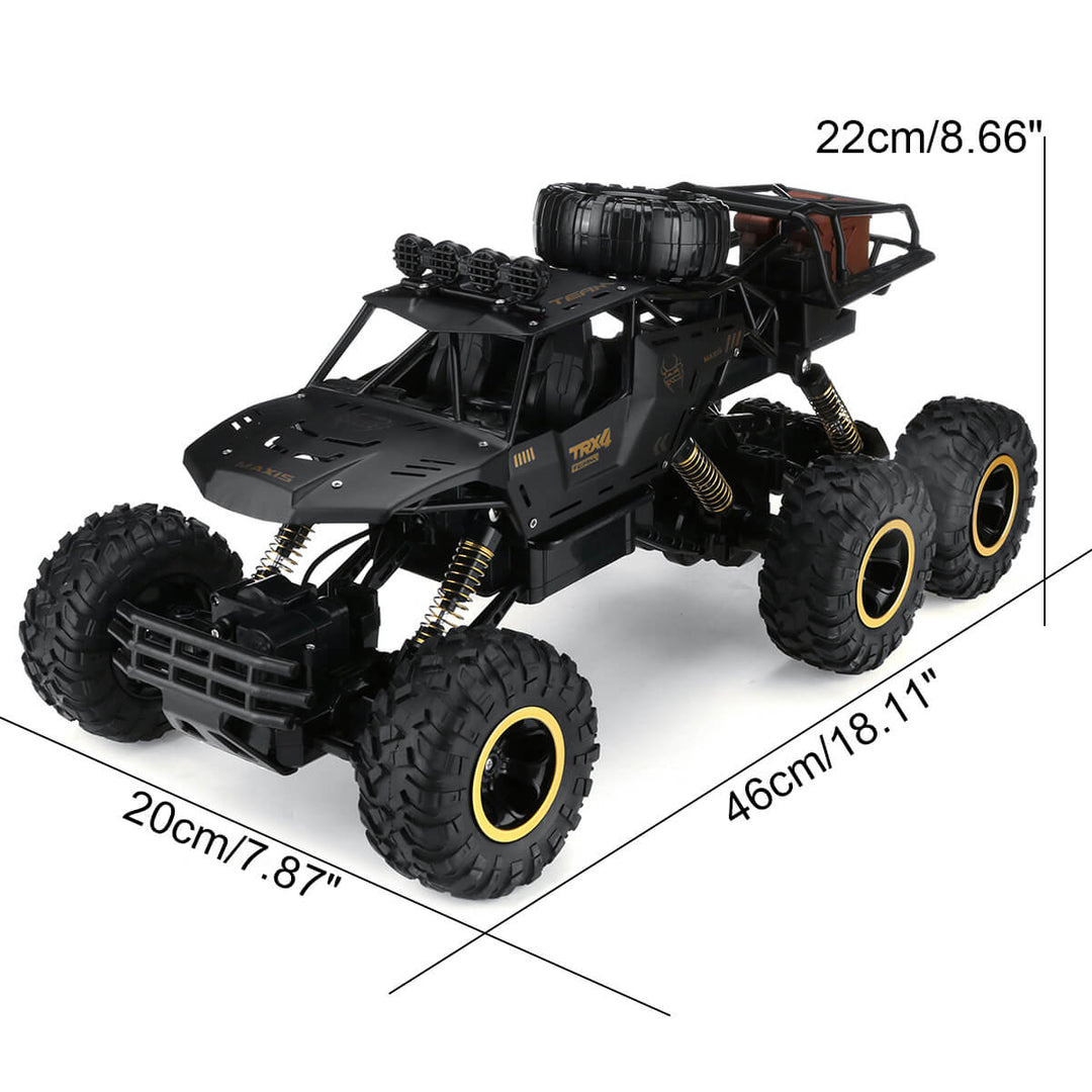Krachtige 6-wiel RC monstertruck, een stoere afstandsbestuurbare terreinwagen voor off-road avonturen met hoge snelheid.