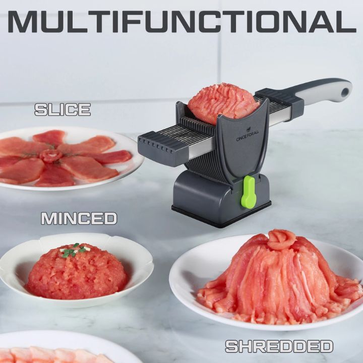 "Roestvrijstalen 17-in-1 vleesmolen met instelbare dikte, ergonomisch handvat en multifunctionele messen voor vlees en groent