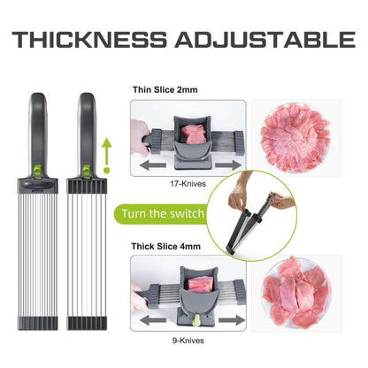 "Roestvrijstalen 17-in-1 vleesmolen met instelbare dikte, ergonomisch handvat en multifunctionele messen voor vlees en groent