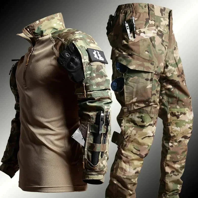 Tactisch uniform heren met camouflagepatroon, perfect voor paintball, airsoft en andere outdoor missies. Comfortabel.