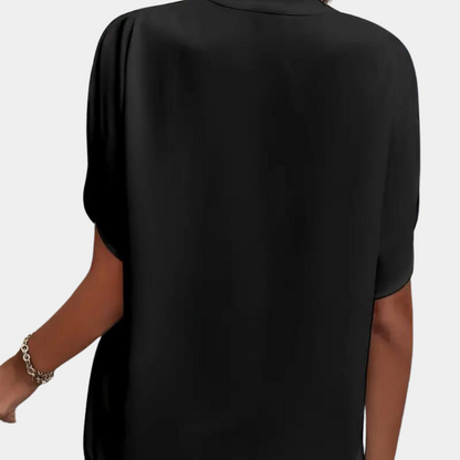 "Roze effen dames V-hals blouse met korte mouwen, stijlvolle en veelzijdige top voor zowel zakelijke als casual outfits"