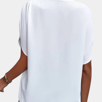 "Roze effen dames V-hals blouse met korte mouwen, stijlvolle en veelzijdige top voor zowel zakelijke als casual outfits"