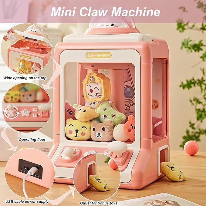 "Roze Mini Claw Machine speelgoed met licht- en geluidseffecten voor kinderen, ontwikkelt fijne motorische vaardigheden."