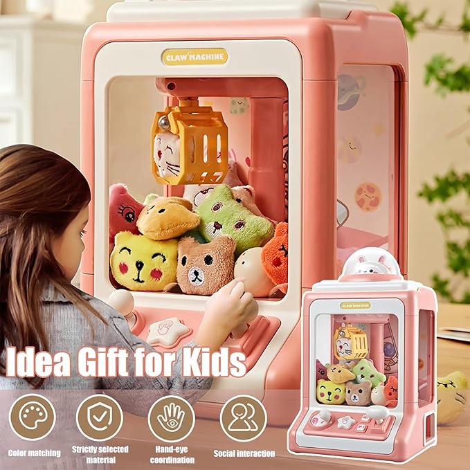 "Roze Mini Claw Machine speelgoed met licht- en geluidseffecten voor kinderen, ontwikkelt fijne motorische vaardigheden."