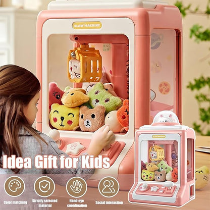 "Roze Mini Claw Machine speelgoed met licht- en geluidseffecten voor kinderen, ontwikkelt fijne motorische vaardigheden."