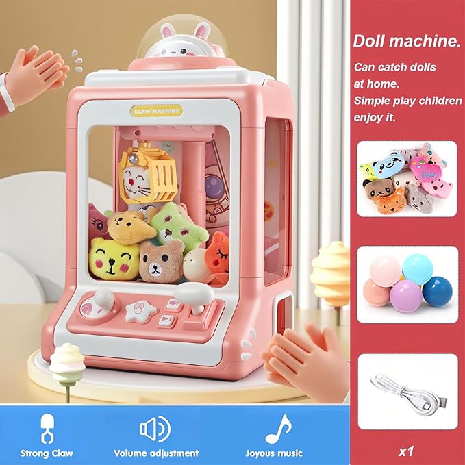 "Roze Mini Claw Machine speelgoed met licht- en geluidseffecten voor kinderen, ontwikkelt fijne motorische vaardigheden."