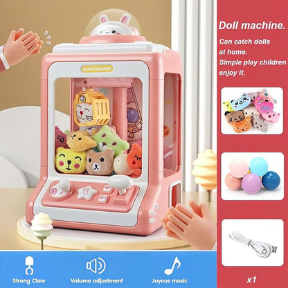 "Roze Mini Claw Machine speelgoed met licht- en geluidseffecten voor kinderen, ontwikkelt fijne motorische vaardigheden."