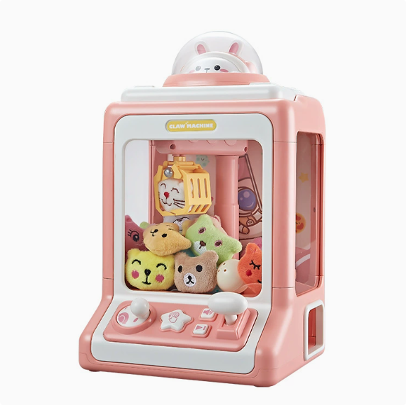 "Roze Mini Claw Machine speelgoed met licht- en geluidseffecten voor kinderen, ontwikkelt fijne motorische vaardigheden."