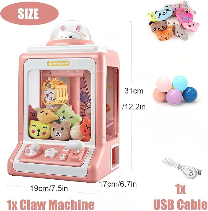"Roze Mini Claw Machine speelgoed met licht- en geluidseffecten voor kinderen, ontwikkelt fijne motorische vaardigheden."