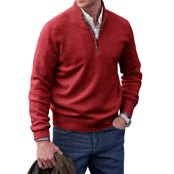 Close-up van de hoogwaardige gebreide stof van een heren zip-neck coltrui, perfect voor koud weer.