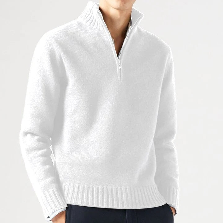 Stijlvolle heren zip-neck trui in effen kleur, perfect voor herfst/winter. Warm, comfortabel en modieus.