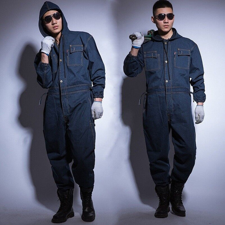 Praktische unisex spijkeroverall in donkerblauw, perfect voor werkkleding die comfort en maximale bescherming biedt.