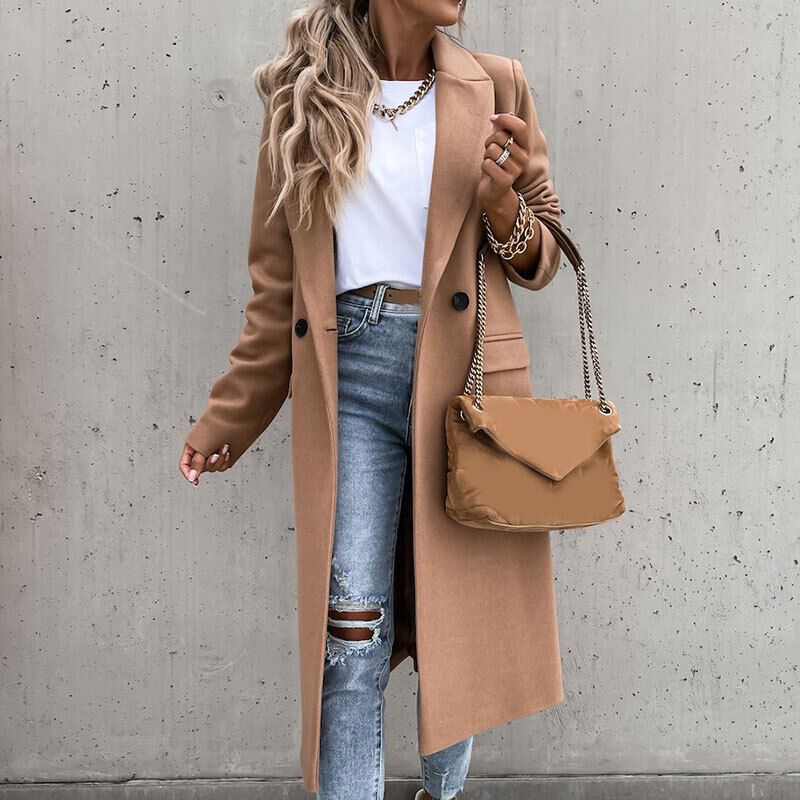 Zwarte dames lange mantel Alina, elegant & warm voor winter. Stijlvolle damesjas met losse pasvorm.