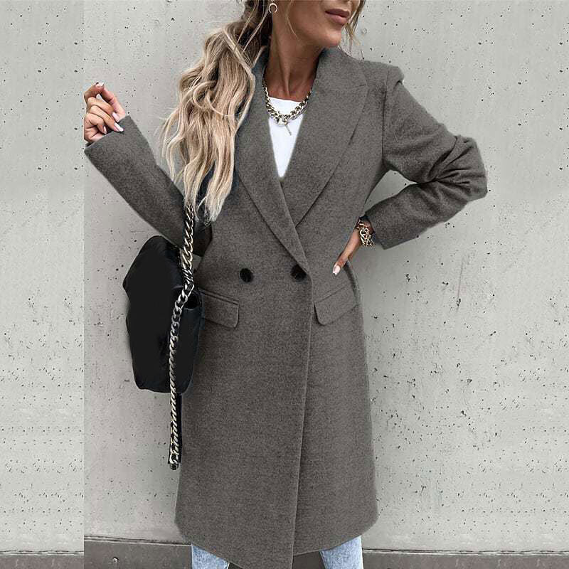 Modieuze grijze lange mantel Alina, comfortabel voor elk seizoen. Elegante dames overjas.