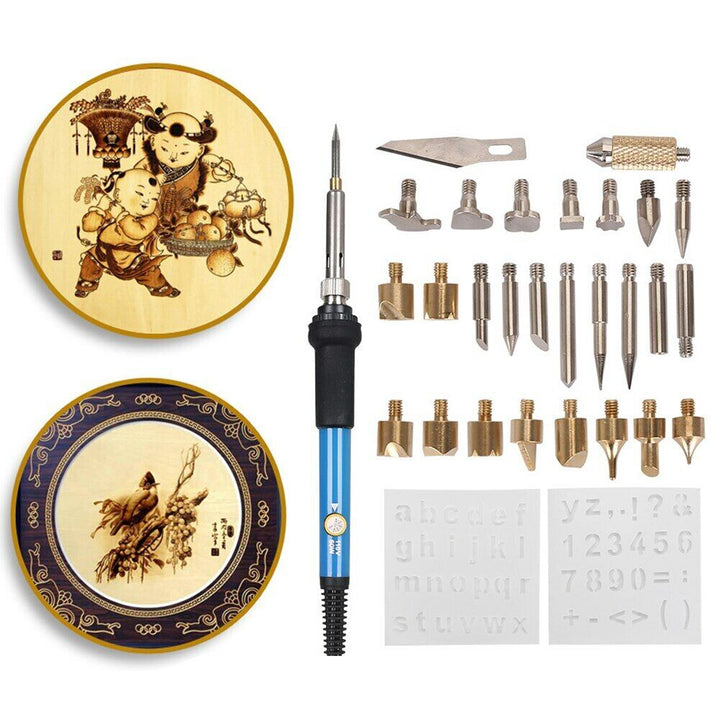 Creatieve hobbyist gebruikt pyrografie set om gedetailleerde kunst op hout te branden; ideaal voor doe-het-zelf decoratie.