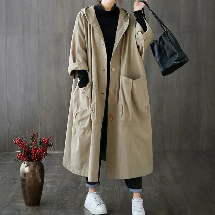 Elegante oversized dames trenchcoat Maren in khaki, comfortabele winddichte tussenjas voor elk weer.
