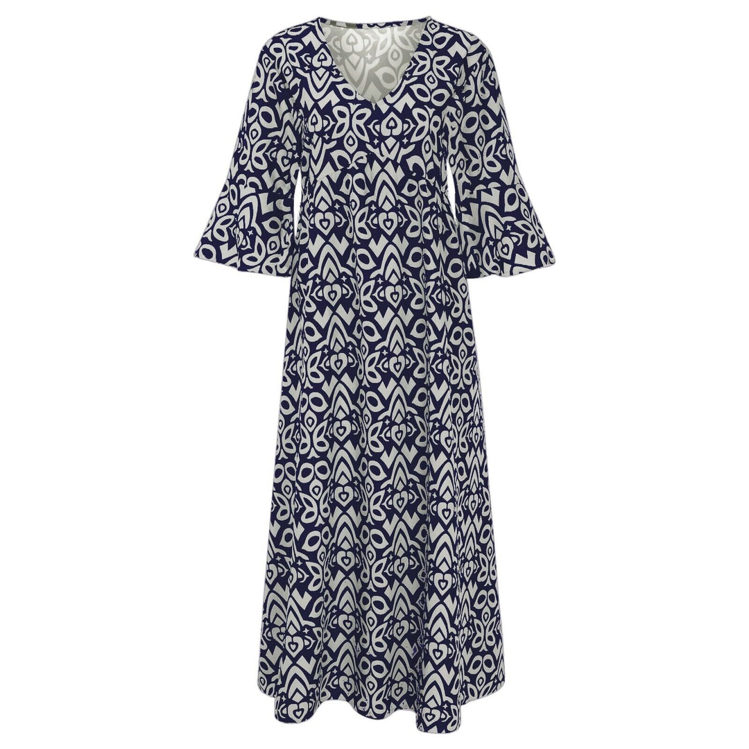 Volledige weergave van de lange bloemenjurk Liora met V-hals, elegant en comfortabel voor dames.