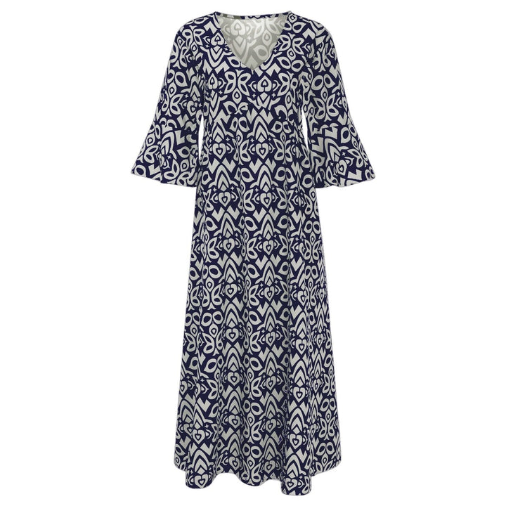 Volledige weergave van de lange bloemenjurk Liora met V-hals, elegant en comfortabel voor dames.
