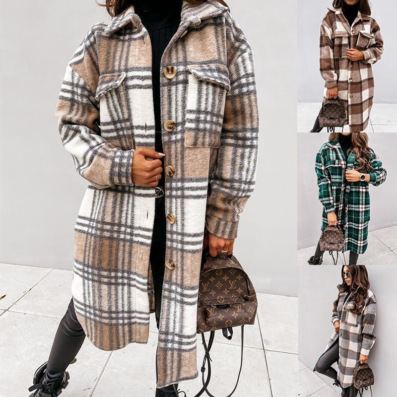 Trendy lange damesjas met ruit. Perfecte buitenkleding voor herfst & winter, veelzijdig.