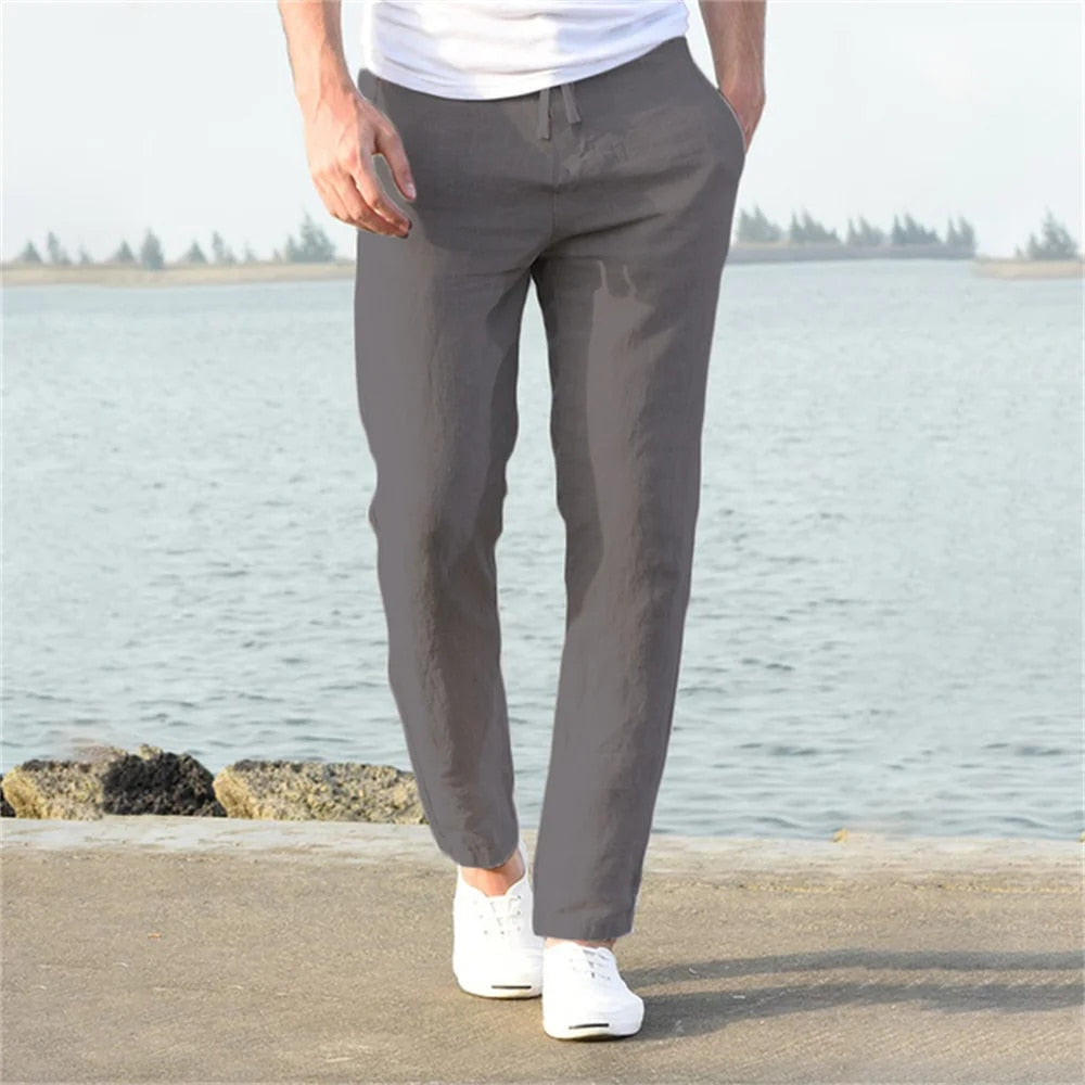 Casual heren linnen broek met elastische tailleband. Comfortabele en stijlvolle chino, perfecte luchtige zomerbroek.