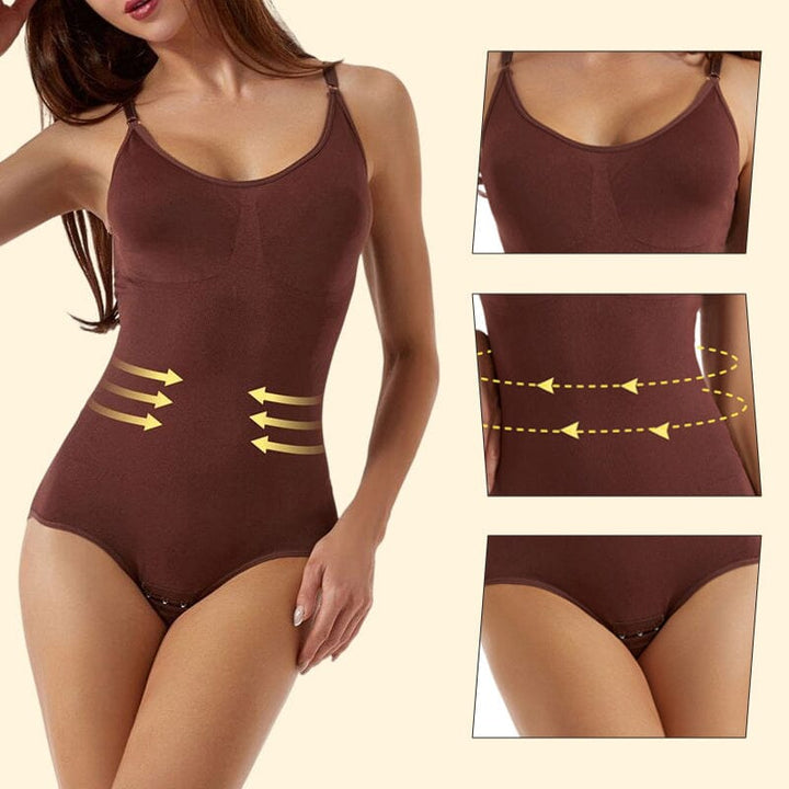 Koffiekleurige corrigerende bodysuit, naadloos voor dames. Geeft een slanker silhouet en draagcomfort.