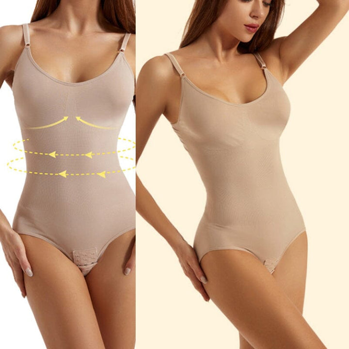 Zwarte dames bodysuit met compressie voor figuurcorrectie. Naadloze, comfortabele shapewear onderkleding.