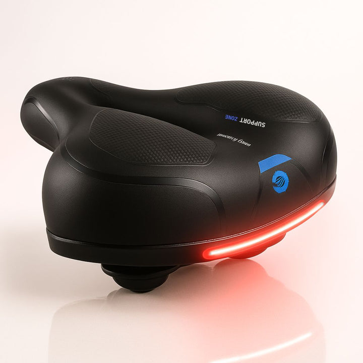 Geel comfort fietszadel, waterafstotend, met schokabsorberende vering, ideaal voor lange fietstochten.