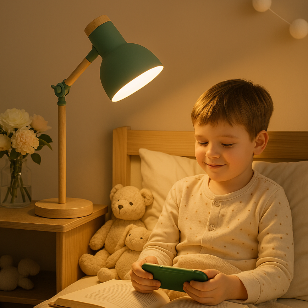 Scandinavische houten tafellamp met minimalistisch design, kleurrijke metalen kap, verstelbaar voor optimale verlichting.