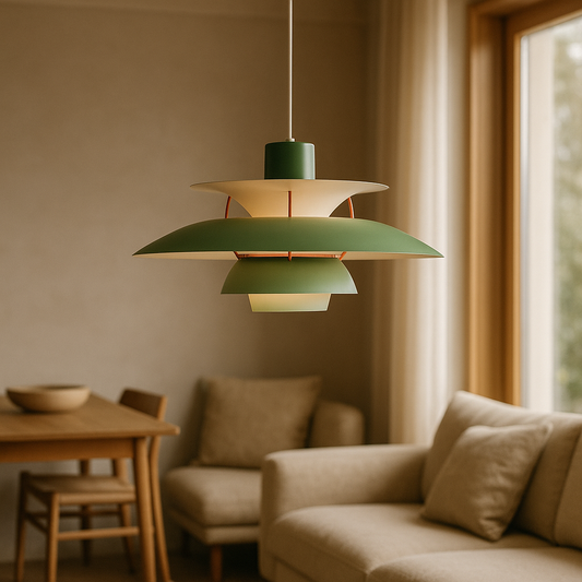 "Scandinavische plafondlamp met modern design, dimbare functie, in blauwe, oranje of zwarte finish, LED-compatibel"