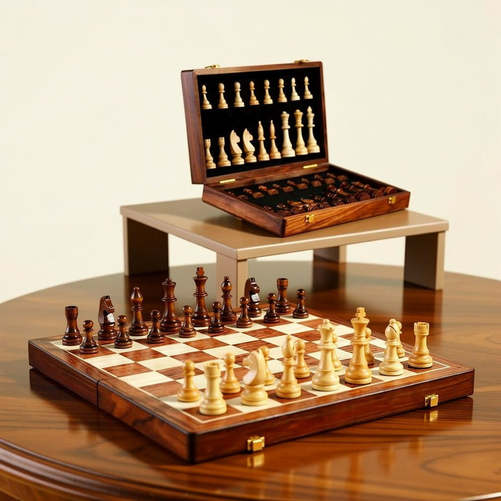 Elegant opvouwbaar houten schaakspel, compleet met massiefhouten schaakstukken. Ideaal bordspel voor strategie.