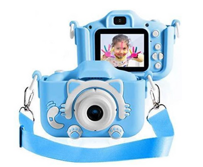 "Schattige blauwe HD mini camera voor kinderen, schokbestendig, 20 MP, en 1080p video-opname, met stevig ontwerp."