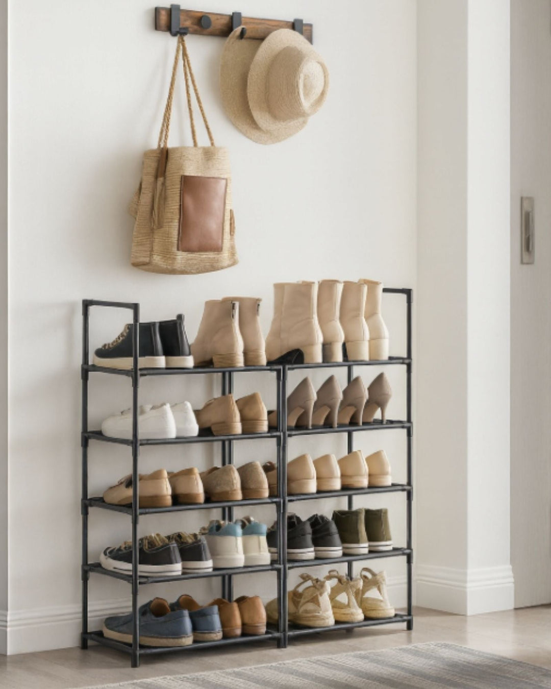 Metaal schoenenrek met 10 niveaus voor opbergen van veel schoenen; houdt je hal netjes en georganiseerd.