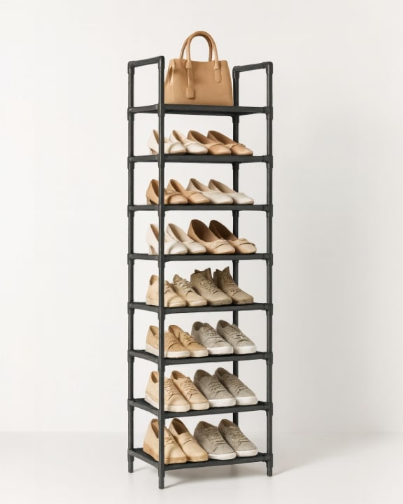 Praktisch smal metalen schoenenrek voor gang of hal, biedt geordende ruimte voor al je schoenen.