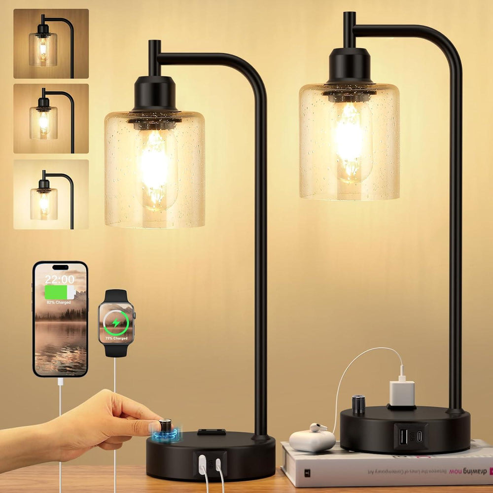 Stijlvolle set van 2 industriële tafellampen; matzwart metaal, modern design voor sfeervolle verlichting.